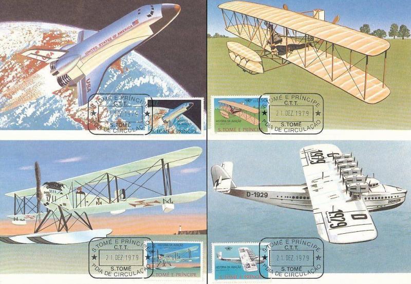 ST THOMAS & PRINCE Is. 1979 AIR SPACE SET FDC Used on Maxi Cards (6 Items)[D351]
