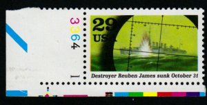 SC# 2559f - (29c) - WWII - Reuben James Sinks, MNH Plate # Single - LL # 3364-1