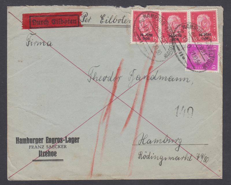 Germany Sc 372,386 (3) on 1910 Special Delivery cover, oval Railway cancels