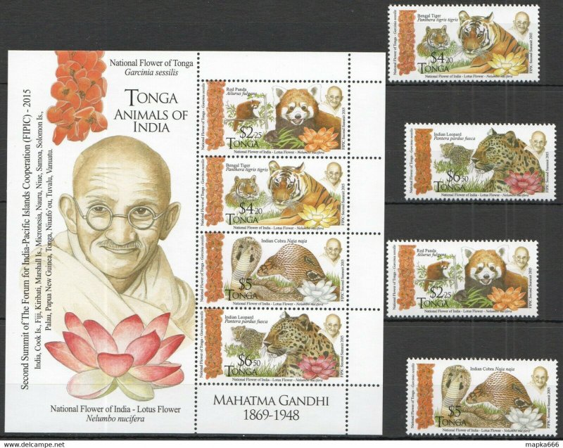 2015 Tonga Fauna Animals Of India Gandhi Michel 38 Euro 1Kb+1Set ** Ec232