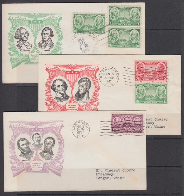 US Planty 785-794-8 FDC. 1937 Army-Navy cplt set, 10 Matched Linprint Cachets