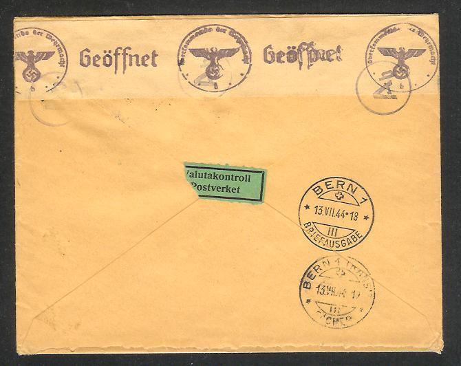 WWII R-cover sent from Sweden to Switzerland with German censorship c184