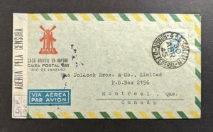 1945 Rio De Janeiro Brazil Censored WWII Airmail Cover to Montreal Canada