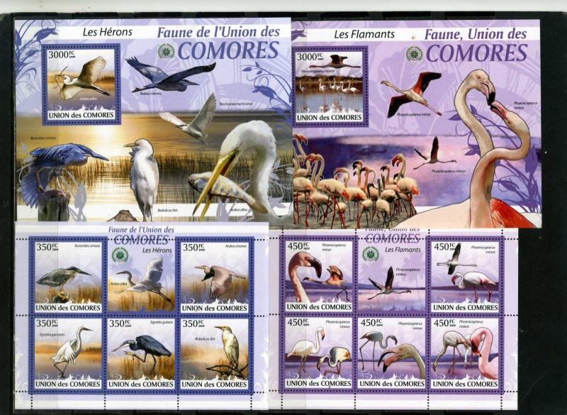 COMORO ISLANDS 2009 BIRDS 2 SHEETS OF 5 STAMPS & 2 S/S MNH 