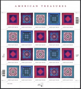 United States #3524-3527 34¢ Amish Quilts (2001).  Mini-sheet of 20 stamps. MNH