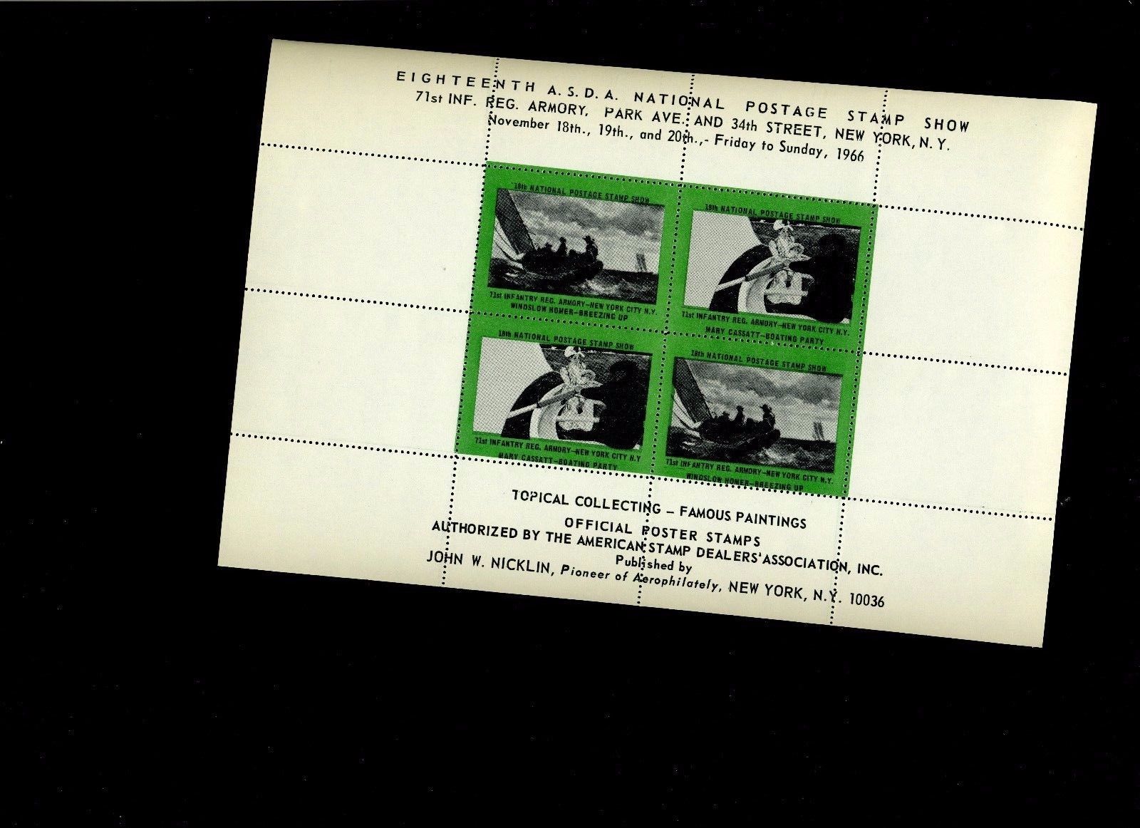 4 DIFFERENT COLOR SHEETS 1966 ASDA NATIONAL POSTAGE STAMP SHOW L741 NY
