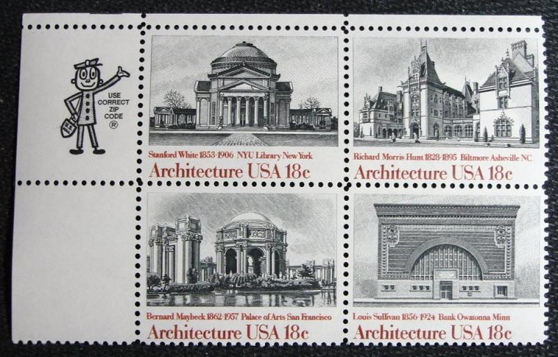 US #1928-1931 Zip Block of 4, Architecture, SCV $1.80 L10