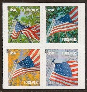 US 4799a Flag for All Seasons forever block (4 stamps from AVR booklet) MNH 2013