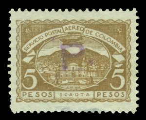 COLOMBIA 1921 AIRMAIL - SCADTA - PANAMA P handstamp 5p olive Sc# CLP11 unused