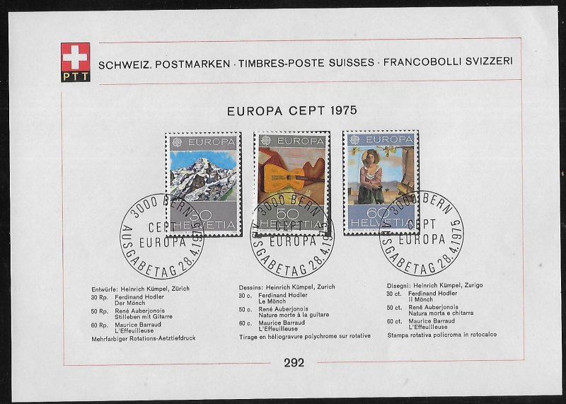 Switzerland 603-605 1975 Europa PTT Collection Sheet FD