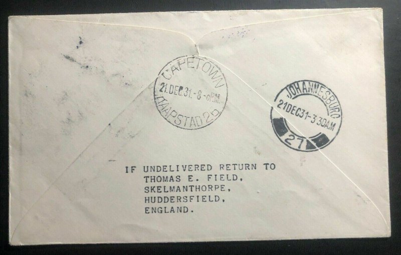 1931 Juba Sudan Airmail First Flight Cover FFC To Capetown South Africa Xmas