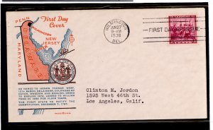 US 836 (1938) 3 cent Delaware Tercentenary (single) on an addressed (typed) First Day Cover with a Pavois cachet