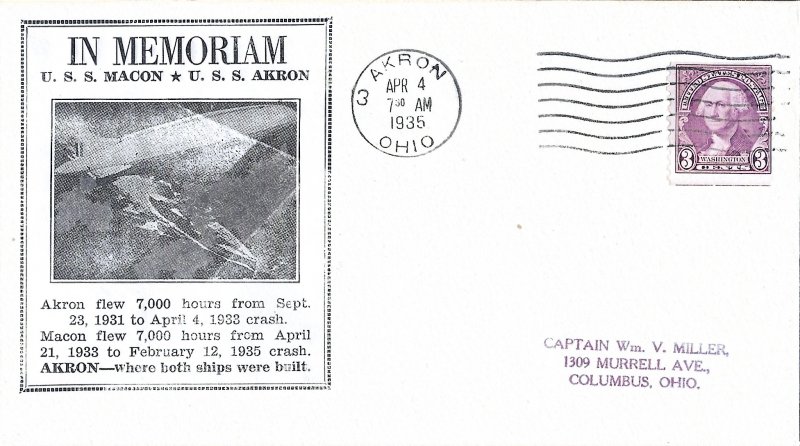 USS Macon / USS Akron In Memoriam Cover - Akron OH cancel