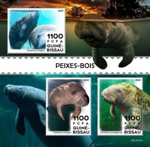 Guinea-Bissau 2021 MNH Marine Animals Stamps Manatees Amazonian Manatee 3v M/S