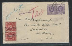 FIJI ISLANDS (P1112B)  KGV 1D X2 SHORT PAID TO USA TAXED 4C, 2CX2 POSTAGE DUES