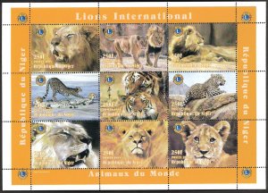 NIGER Republic Lions Club emblem and Lions and leopards sheet of 9 (1998) MNH
