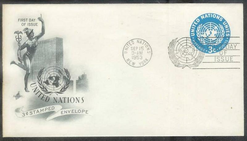 United Nations 1953 (Sept 15) First Day Cover 3 cents UN Emblem Stamped Envelope