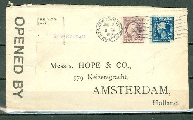 US 1916  CENSORED COMMERCIAL COVER TO HOLLAND..PERFINS BLUE WASHINGTON 3c & 5c