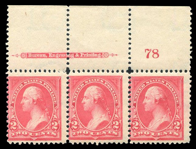 United States, 1894-95 #265 Cat$130, 1895 2c carmine, top margin plate number...