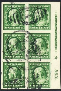 383, Used 1¢ VF Plate Block of Six Stamps * Stuart Katz