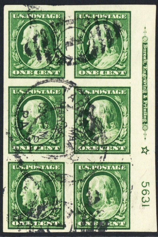 383, Used 1¢ VF Plate Block of Six Stamps * Stuart Katz