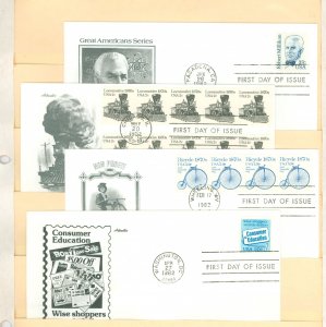 US 252/2005 1982 4 different FDCS. U/A. Artmaster cachets. Robert Millikan. Locomotive. Bicycle. Consumer Education. Includes 18