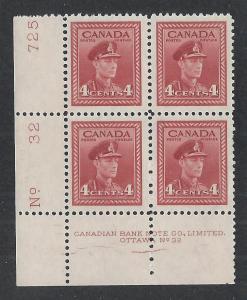 CANADA SC# 254 PL#32 LL B/4 CRACKED PLATE FVF/MLH 1943