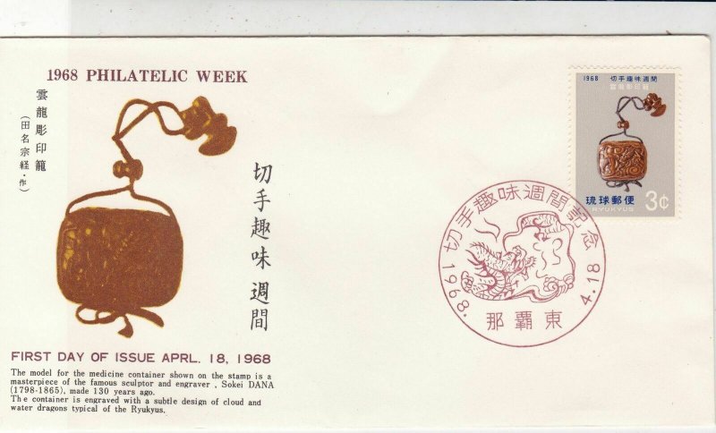 Ryukyu Islands 1968 Philatelic Week Engraved Container Stamp FDC Cover Ref 32428