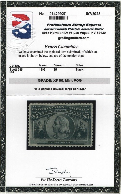 245 XF previously hinged PSE cert grade 90 OG rich color cv $ 4500 ! see pic !