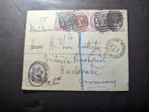 1891 Registered England Cover Manchester to Karlsruhe Germany