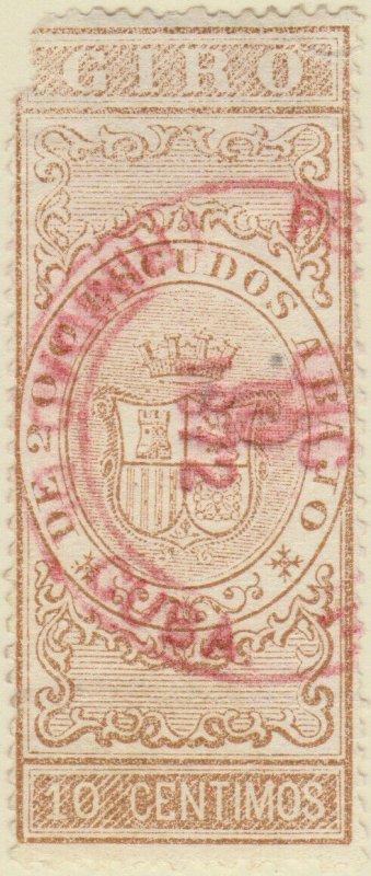 DEPENDENCIAS ESPAÑOLAS - 1868 Sello Fiscal (GIRO) 10 centimos - usado (defect.)