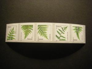 Scott 4874-4878 or 4878a, (49c) Forever Ferns, Strip of five, MNH Coil Beauty