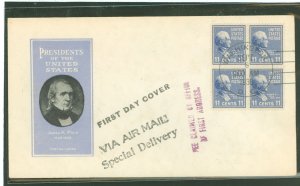 US 816 1938 11c James Polk (presidential/prexy series) block of four on an unaddressed (but with auxiliary markings) first day c