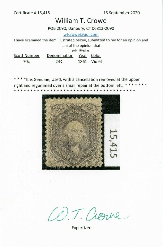 1861 24¢  VIOLET #70C REMOVED CANCELVERY RARE EXAMPLE CAT $2250 CERT