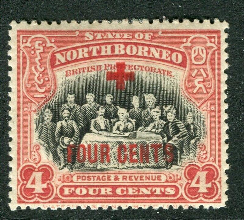 NORTH BORNEO; 1918 early Red Cross FOUR CENTS surcharge Mint hinged 4c. 