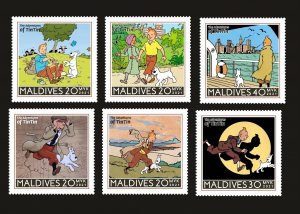 Stamps. The Adventures of Tintin, Maldivies 2022 year , 6 stamps perforated