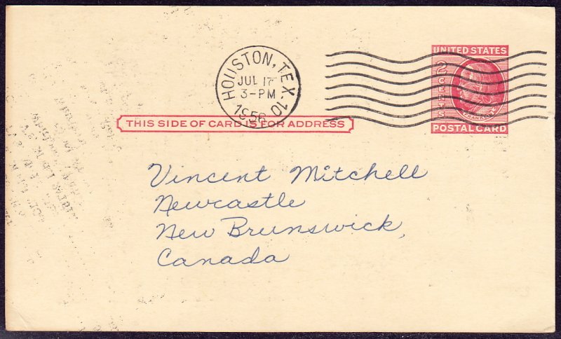 USA - 1956  - 2c PS postcard - used HOUSTON to N.B. Canada