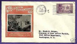739  WISCONSIN TERC. 3c 1934 GREEN BAY, IOOR(M#5a) FIRST DAY COVER,...