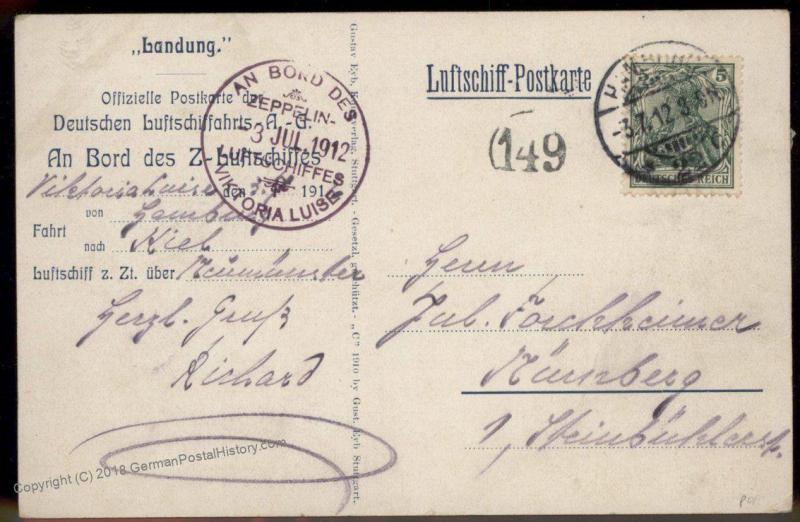 Germany 1912 Zeppelin Pioneer Viktoria Luise DELAG Drop Card Passenger Ham 91387