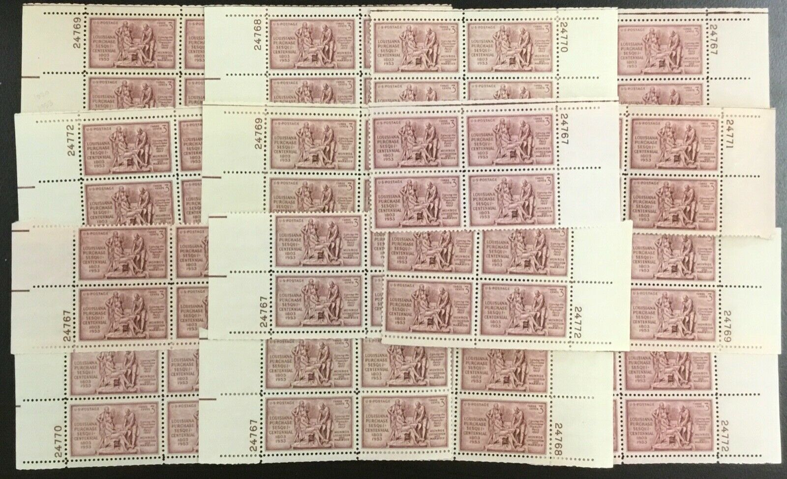 1020 Louisiana Purchase. 25 MNH 3 cent Plate Blocks. Issued in 1953 ...