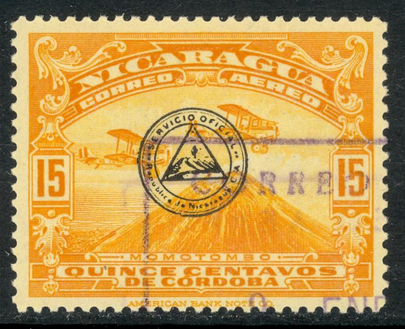 NICARAGUA 1937 15c PLANE OVER MT. MOMOTOMBO Airmail Official Sc CO25 VFU