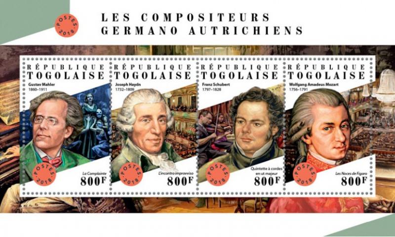 TOGO- 2018 - German-Austrian Composers - Perf 4v Sheet - MNH