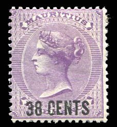 Mauritius #56 (SG 89) Cat£50, 1878 38c on 9p violet, hinge remnant