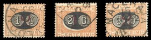 Italy, Postage Dues #J25-27 Cat$74.50, 1890 Surcharges, set of three, used