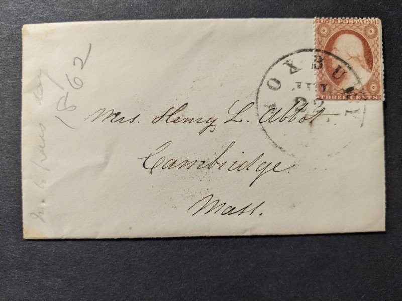 1862 ROXBURY to CAMBRIDGE, MASS #25 or #26 Postal History Cover 