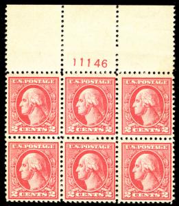 US #527 PLATE BLOCK of 6, SCV $350.00,  LARGE TOP, VF/XF mint never hinged, g...