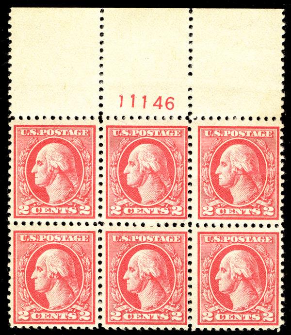 US #527 PLATE BLOCK of 6, SCV $350.00,  LARGE TOP, VF/XF mint never hinged, g...