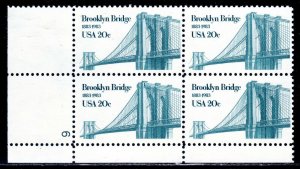 1983 Brooklyn Bridge Plate Block Of 4 20c Postage Stamps, Sc# 2041, MNH, OG