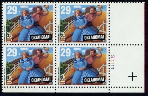 1993 Oklahoma Musical Plate Block of 4 29c Postage Stamps, Sc# 2722, MNH, OG