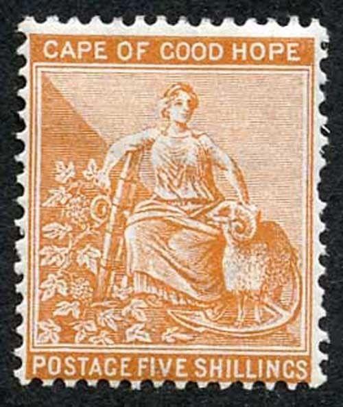 Cape of Good Hope SG54 5/- Orange wmk Anchor m/mint (perf fault) cat 170 pounds